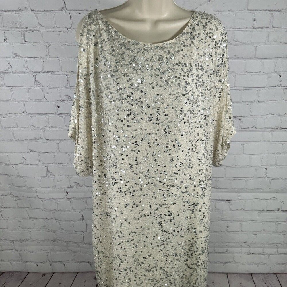 Aidan Mattox Ivory Silk Cold Shoulder Beaded Sequined Dress Size 10 *defects